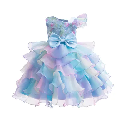 High-End Girl's Mandarin Collar Bowknot Puffy Princess Style Summer Casual Dress Wholesale
