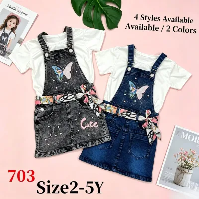 8.5 Dollars YQ360 Fashion Toddler Girl 2-5 Y Applique Heart Butterfly Denim Suspender Skirt Matching White Tee 2 Pieces Set