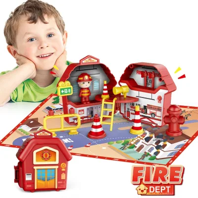 Fireman Figure Fire Station Tool Fire Rescue Pretend Play Toy New Children Toys With Map Road Sign