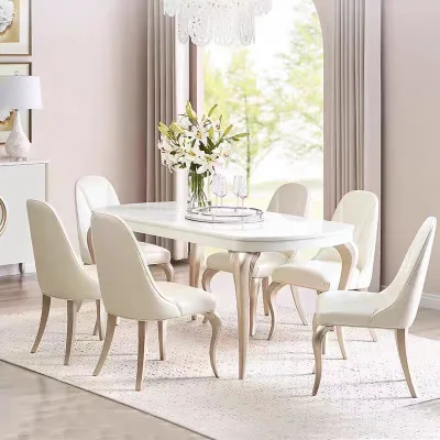 Villa House Design Classical European Furniture Set Luxury Dining Room Furniture Marble Top Curved Solid Wooden Table Set