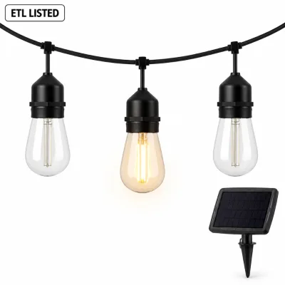 IP65 S14 Solar Powered String Patio Lights 240LM Warm White 15+2 Edison Bulbs E26 8-10H Black Wire 34FT