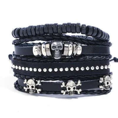 Multilayer Wrap Rope Skull Bangles Mens Leather Bracelets Charm Vintage 4pcs/set Wrap Bracelets