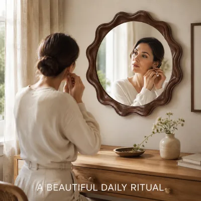 Minimalist Wave Scalloped Round Wood Grain Wall Mirror MDF Back Decor Mirror for Washroom Vanity Table Wall Ornament