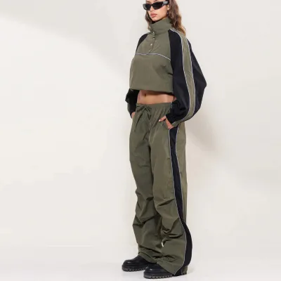 Custom 100% Nylon Bungee Strap Reflective Piping Parachute Hiphop Windbreaker Tracksuit Set