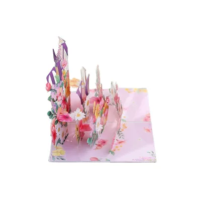 New Creative Paper Gift Crafts Customized Support 3D Thank You Flowers pop up Rectangle Pink Folded Greeting Card for Sale
