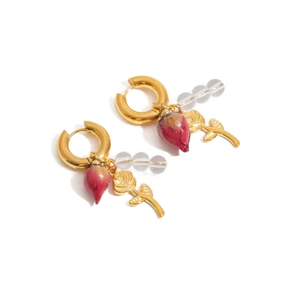 J&D 18k Gold PVD Plating Stainless Steel Dried Bud Crystal Glass Beads Hoop Dangle Rose Flower Earrings