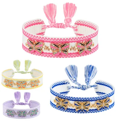 Butterfly Pendant Charms Embroidery Word Logo Woven Friendship Webbing Tassel Bracelet Women
