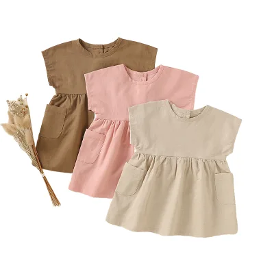 Sleeveless O Neck Back Button Pleat Waist Pocket Little Toddler Girls Linen Dresses