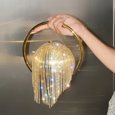 New Acrylic Round Ball Hand Bag for Women Diamond Tassel Handbag Spherical Evening Clutch Crystal Fringed Ring Handle Purse