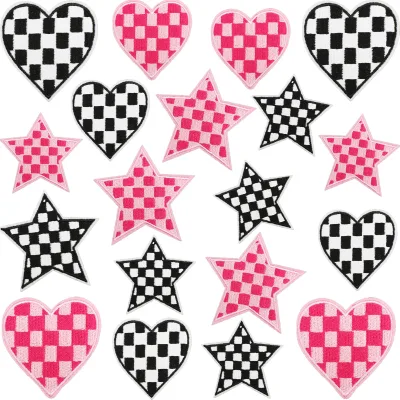 Black White Checkered Heart Embroidered Patch Plaid Star Computer Embroidered Patches for Seal Bag Decoration