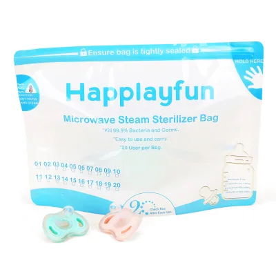 Custom Manual BPA Free Plastic Sterilizer Bags for Baby Bottles Food Grade Safe Stand Pouch Microwave Steam Sterilizer 20 Uses