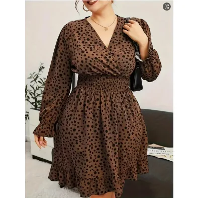 Plus Size Women Autumn V Neck Lantern Sleeve Leopard Print Casual Dress Ruffles High Waist Dresses