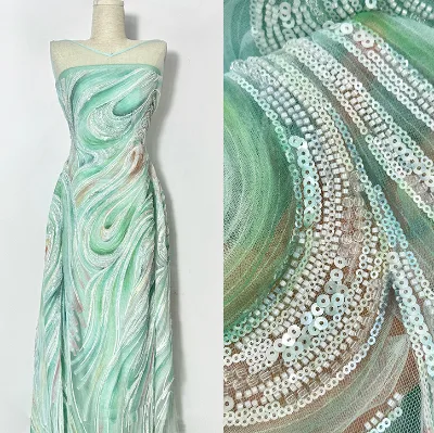 Gradient Embroidery Sequin Embroidery Bead Tube Embroidery Floral Lace Fabric 100% Polyester Fiber 125-130cm Width Heavy-Duty