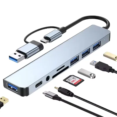 2026 8-in-1 Dual-head Type C Usb3.0 Usb Hub Tf/sd Card Portable 3.5mm Headphone Jack