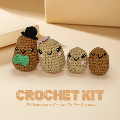Crochet Learning Kit Potato 4 Piece Set Family Project with Soft Yarn, Ergonomic Hooks, Safety Eyes & Step-by-Step Instructions