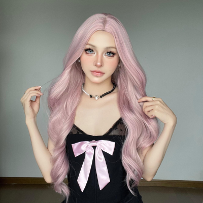 Seamless Comfortable Breathable High Temperature Wire Full Head Big Wave Middle Part Rose Pink Long Curly Hair