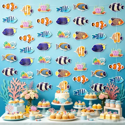 Ocean Animal Cartoon Axolotl Eco-Friendly Children's Paper Banners Garland for Birthday Baby Shower Party Decorations