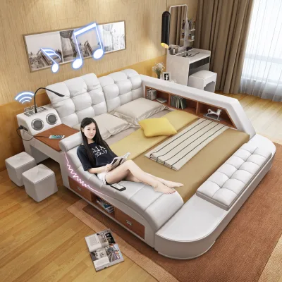 King Size Smart Bed with Built-in Speakers and Massage for Bedroom White Tufted Integrated Lounge Seat Storage Bookshelf Bett