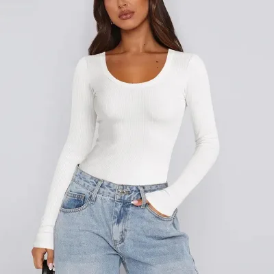 Blank Y2K Rib Thread U Neck Tee Shirt Long Sleeve Women's T-shirts Slim Fit Inner Tops