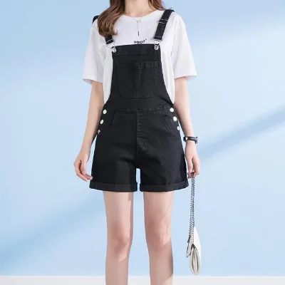Cowboy Overalls Women's Summer Denim Black Loose Korean Shorts