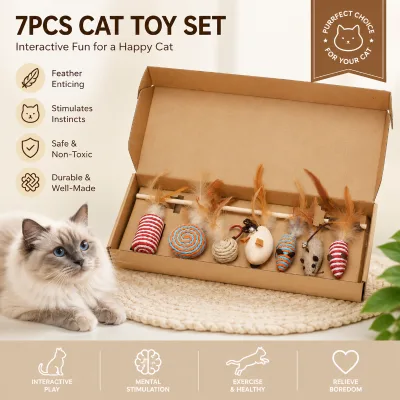 Interactive Cat Toy Set  7 Assorted Feather & Natural Rope Toys for Kittens and Adult Cats
