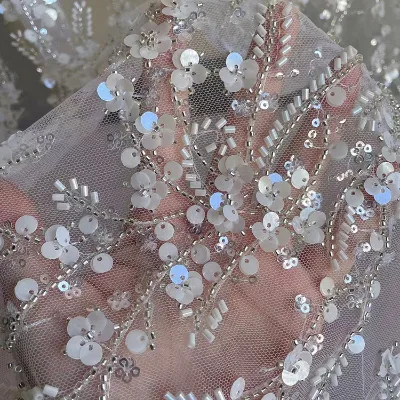 Embroidery Sequins Nail Bead Gauze Fabric Bridal Wedding Dress Material Dress Fabric