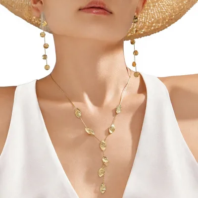 OUDADA Women's European American-style Tassel Leaf Hammered-texture Stainless Steel 316L 18K Gold Plated Earrings Set Fashion