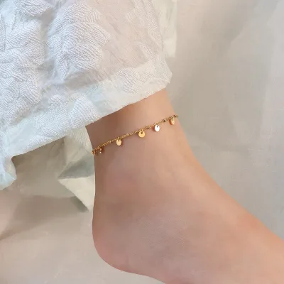 Gfashion Tarnish-Free 18k Gold Plated Silver Anklet Thin Stainless Steel Chain with Coin Disc Tassel Wholesale Foot Jewelry