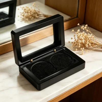 Custom 2 Coin Display Polished Wooden Box Black Lacquer Acrylic Window Durable Reusable Flocked Lining Collect Gift Box
