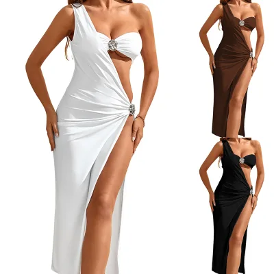 Women's 3 Piece Elegant Swimwear Solid Bikini Set Asymmetrical Swimsuit One Shoulder Cover up with Metal Buckle