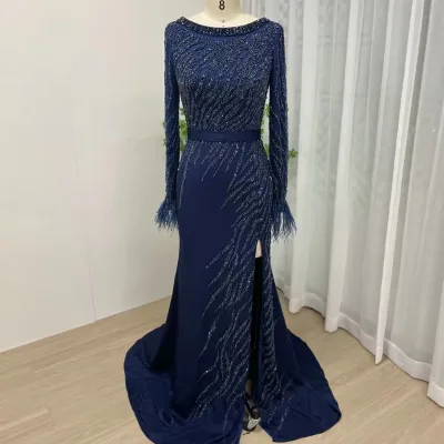 DXM008B Stylish Boat Neck Feather Long Sleeves Evening Dresses With High Slit Beading Crystal High Slit Formal Party Dresses