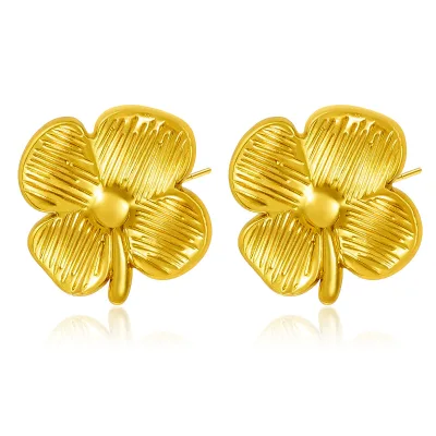 Flower Earrings Stainless Steel Stereo Antique Style Four Leaf Flower Earrings For Women Small Design Sense Earrings For Women