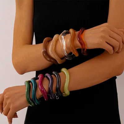 New Colorful Irregular Opening Acrylic Resin Bracelet Hot Sale Retro Acetic Acid C Shape Geometric Charm Bangle for Women Gift