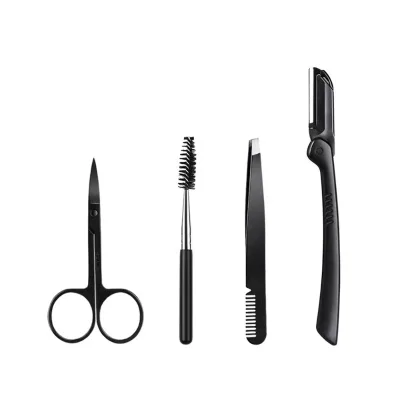 Hot 4 PCS SET Black Tweezers Eyebrow Scissors Set