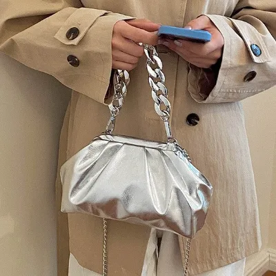 Women's Patent Leather Pleated Cloud Handbag 2026 New Arrival Chain Strap Shoulder Crossbody Underarm Bag