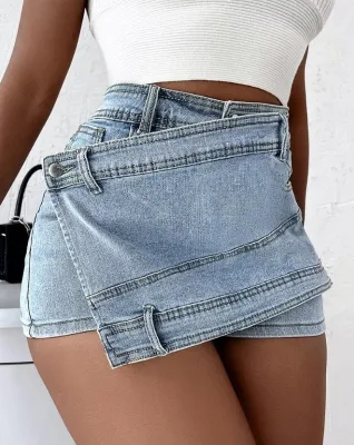 2023 Women Hot Sale Fashion Plus Size Washed Mini High Waist Irregular Jean Shorts