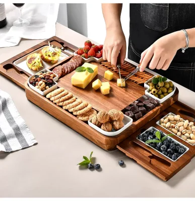Acacia Wood Square Cheese Board Set with Stainless Steel Knife and Fork Kitchen Cutting Board Tray