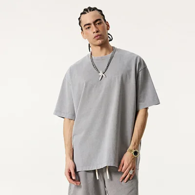 Wholesale Men's Pure Cotton T-Shirt Casual, Fashionable, Loose, Washed, Solid Color Short-Sleeved Shirt