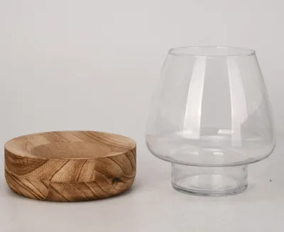 Wood Base Plant Terrarium Bowl Vase Desktop Fish Bowl Aquarium Small Fish Tank Clear Glass Decoration for Fish Hydroponic