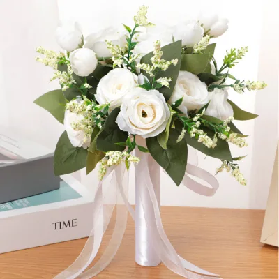 Custom White Champagne Artificial Roses Flowers Wedding Decoration Wedding Bouquets for Bride Bridesmaid
