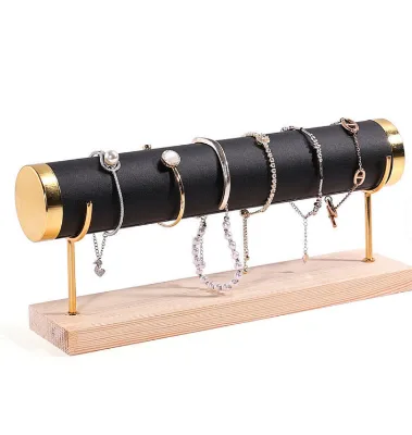 Jewelry Display Stand with Metal and Wood Base, Suede & PU Leather Surface for Bracelets, Bangles and Watch Straps