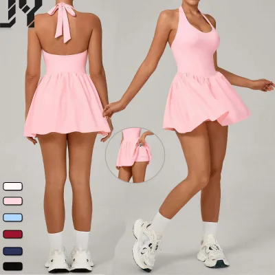 Women's Tennis Skirt With Built Breathable Nude Sports Sets Outdoor Running Fitness Fitness Lace-Up Halter Dress With Pockets