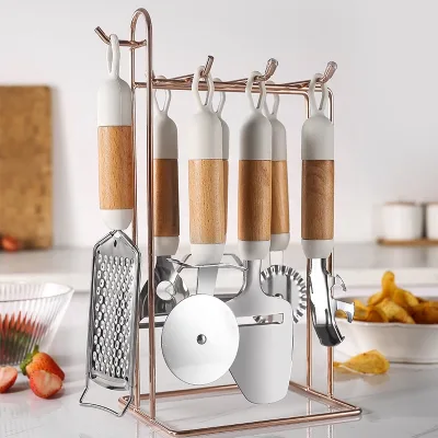 Stainless Steel Beech Handle Kitchen Tool Set Anti-Scalding Pizza Knife with Hanging Hole Tableware and Silicone Kitchenware