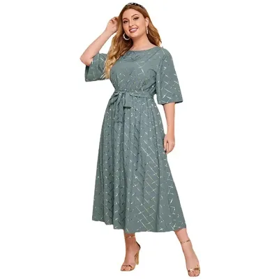 Summer Golden Line Lattice Blue Color Waist Belt Plus Size Women's Long Casual Dresses