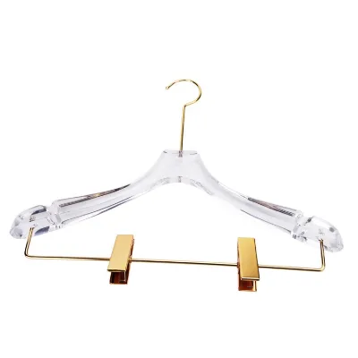 Wholesale Cheap Dress Hanger Clear Acrylic Pants Hangers With Golden Clips