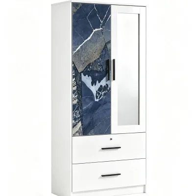 Contemporary Design Blue Sintered Stone Print Mirror Wardrobe Closet Furniture for Private Family Bedroom House