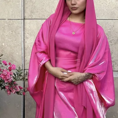 Modest Belted Waist Islamic Elegant Pink Southeast Asian Malaysian Polyester Abaya Batwing Sleeve Long Robe Muslim Dress