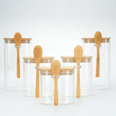 1000ml 1200ml 1500ml Square Shape Glass Food Storage Container Jar with Bamboo Lid and Wooden Spoon