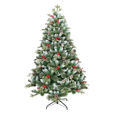 Pre-Decorated Snow Flocked Christmas Tree with Red Berries Pine Cones Frosted Pine Indoor Xmas Decor