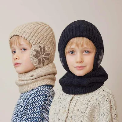 Warm Plush Knitted Winter Cap Outdoor Skullies Hat with Ear Protection for Kids Boys Common Fabric Feature